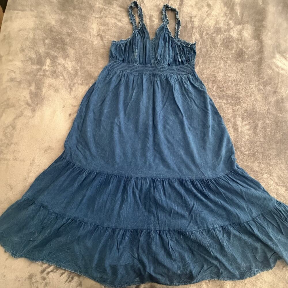 Women's Maxi Dress Sleeveless Blue Ruffle Smocked V-Neck Knit Pullover XL
